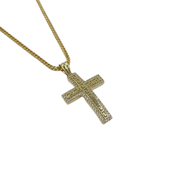 10K Yellow Gold Greek Keys Cross With Crystals Pendant