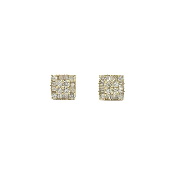 10K Baguette and Round Square Earrings 1.03cttw